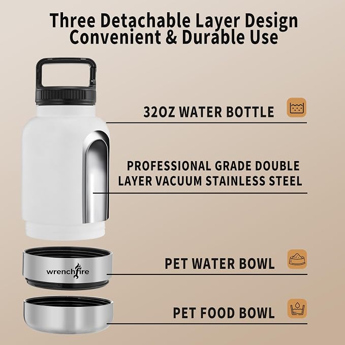32 oz Instulated Stainless Steel Dog Water Bottle with 2 Detachable Bowls,Portable Cat Travel Dispenser with Brush for Walking Hiking Camping,White
