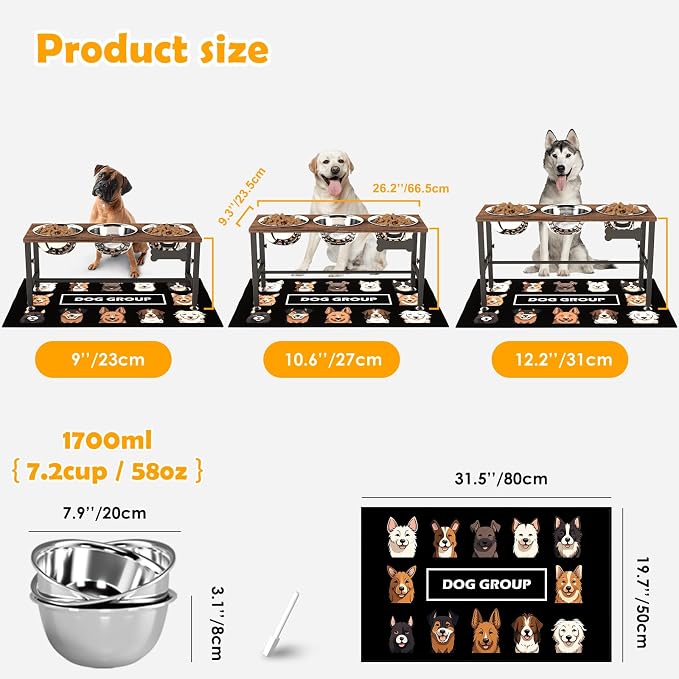ADENGL Triple Elevated Dog Bowls Stand for Multiple Dogs, 3 Height Adjustable Raised Dog Bowl Stand with 3 Stainless Steel 1700ml(58oz) Bowls & Wood Tray & Mat