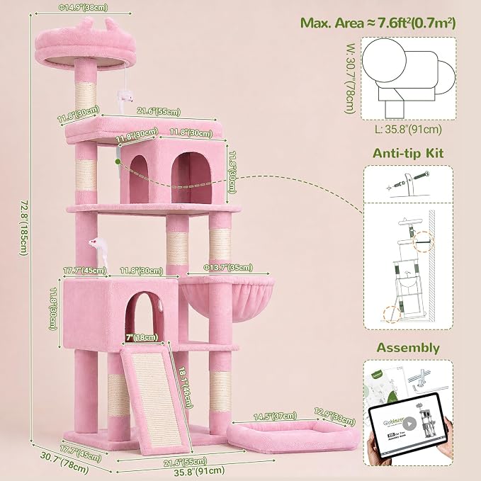 Globlazer S72 Heavy Duty Cat Trees for Large Cats, Sturdy 72in Maine Coon Cat Tree for Large Cat 20 lbs+ Heavy Duty Cat Tower for Adult Biggest Cats with 6 Scratching Posts, Hammock, Pink
