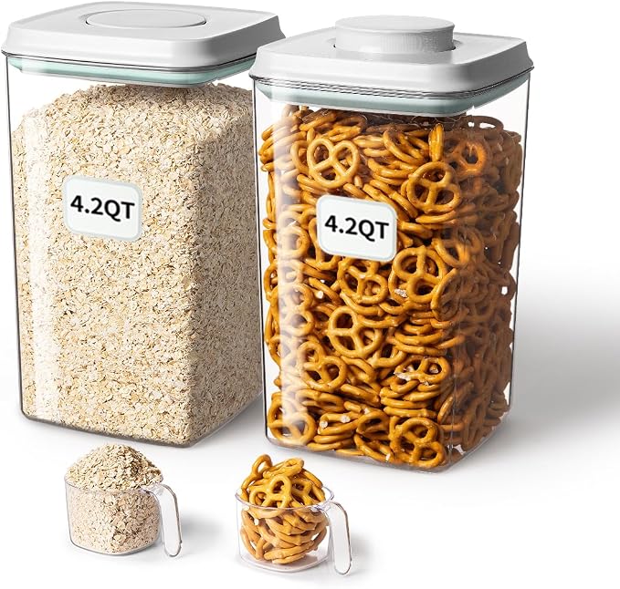 Airtight Food Storage Container with Pop Lid & 130ml Scoop, 4L/4.2qt *2 BPA-Free Cereal, Rice, Flour, Pasta & Snack Container, Stackable & Durable,Kitchen Pantry Organizer