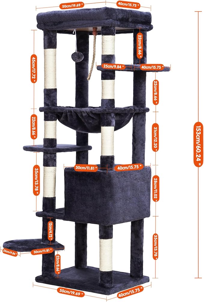 Heybly Cat Tree for Large Cats, 20lbs Heavy Duty, 60 inches HCT050G | Cat Tower for Indoor Cats with Big Padded Plush Perch, Multi-Level Furniture Condo with Cozy Basket, Smoky Gray
