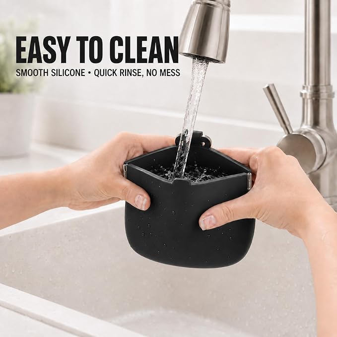 1 Cup Silicone Dog Treat Pouch, Dog Training Treat Bag, Black | One-Hand Use, Auto-Closes, No Spills When Inverted, Carabiner Keeps Pouch Secure, Easy to Clean, Holds Dry or Wet Dog Food