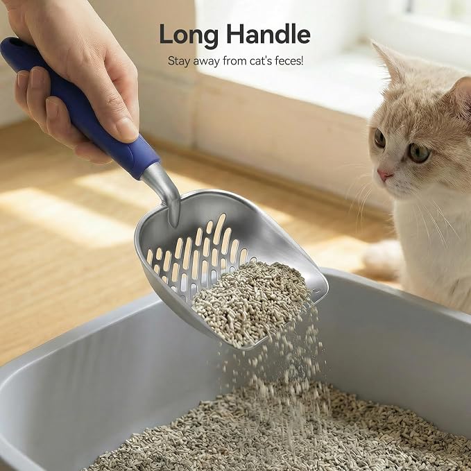 Cat Litter Scoop, Large Long Handle Kitty Metal Scooper, Heavy Duty Aluminum Deep Sifter, Ergonomic Non-Slip Grip, Rustproof Durable Poop Cleaner for Cat Litter Box