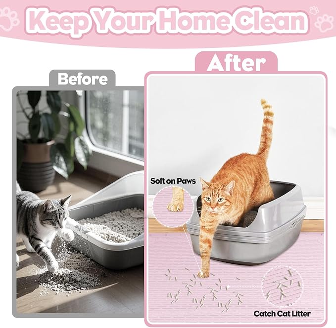 Silicone Cat Litter Mat for Litter Box 34”x22” Large Cat Mat, Pink | Waterproof, Non-Slip, Leak-Proof Rug Mat with Lip, Easy to Clean, Extra Large Litter Catcher Mat for Floor