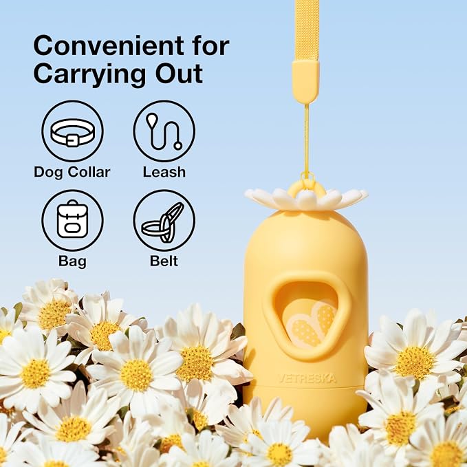 VETRESKA Dog Poop Bag Dispenser with Daisy Scented Waste Bags Leak-proof and Extra Thick Poop Bags for Dog Walking and Cat Litter 1 Holder and 105 Bags (7 Refill Rolls)