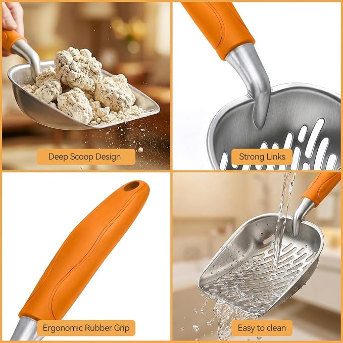 Cat Litter Scoop, Large Long Handle Kitty Metal Scooper, Heavy Duty Aluminum Deep Sifter, Ergonomic Non-Slip Grip, Rustproof Durable Poop Cleaner for Cat Litter Box