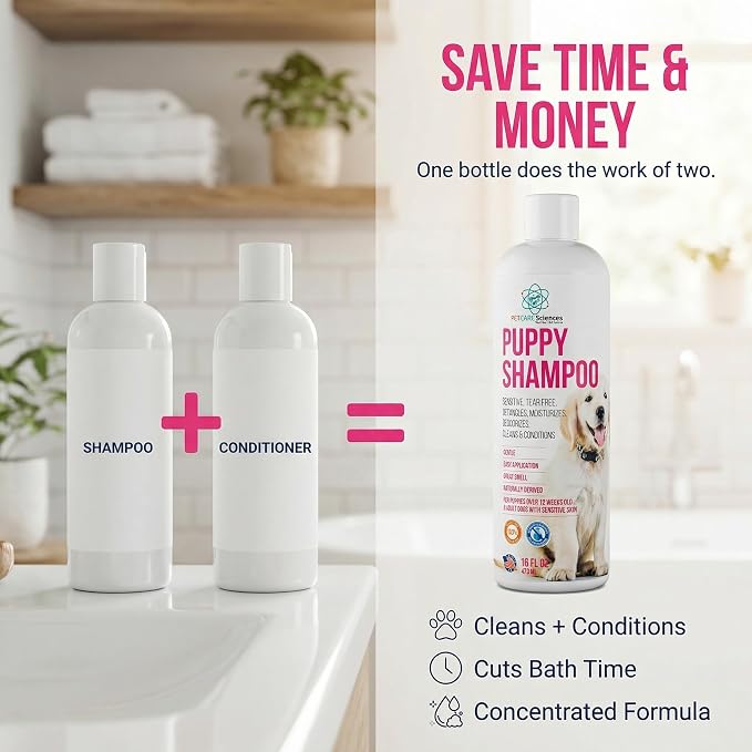 16 fl oz Tearless Puppy Shampoo and Conditioner - Dog Shampoo Itchy Skin Relief - Coconut Oil Oatmeal Shampoo for Dogs - Hypoallergenic Dog Shampoo Sensitive Skin, Made in the USA.