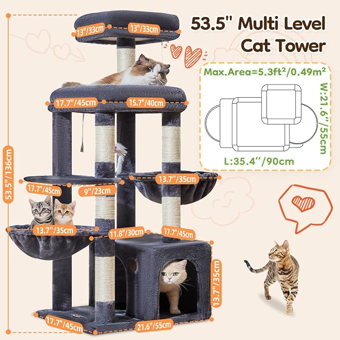 Taoqimiao 53.5in Cat Tree, Heavy Duty Sturdy Cat Tower for Indoor Cats S20G | Easy assembly, Extra Wide Base, Multi-level, 6 Scratching Posts, 2-Post Supported Baskets, Cozy Cave, 2 Perches, Smoke Gray