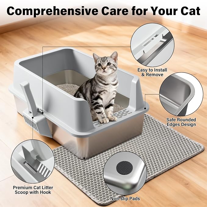 Stainless Steel Cat Litter Box with Lid Large to XL,Metal Litter Box High Sides for Big/Multiple Cats,Open Design,Indoor,1-Mat and 1-Scoop,Easy to Clean, No Odor,Anti-Urine Leakage