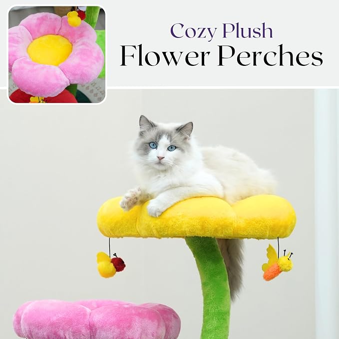 Catry Flower Cat Tree with Hideaway Condo, 3 Perches and Scratching Posts | Aesthetic floral cat condo tower for indoor cats, features durable sisal scratching posts, cozy plush flower beds & perches