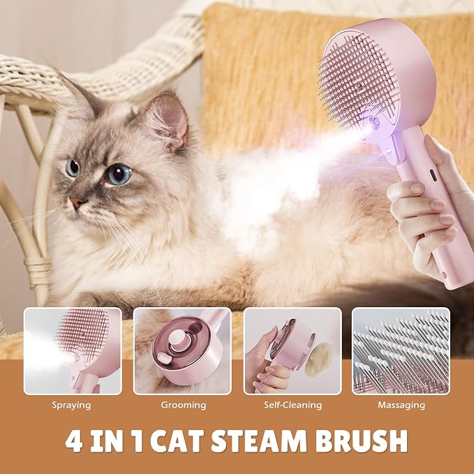 Cat Steam Brush for Indoor Cats, Spray Cat Deshedding Brush for Grooming | Self Cleaning Steam Pet Brushes with Spray, Helps Remove Loose Hair & Undercoat, Grooming Tool for Long & Short Hair Cats