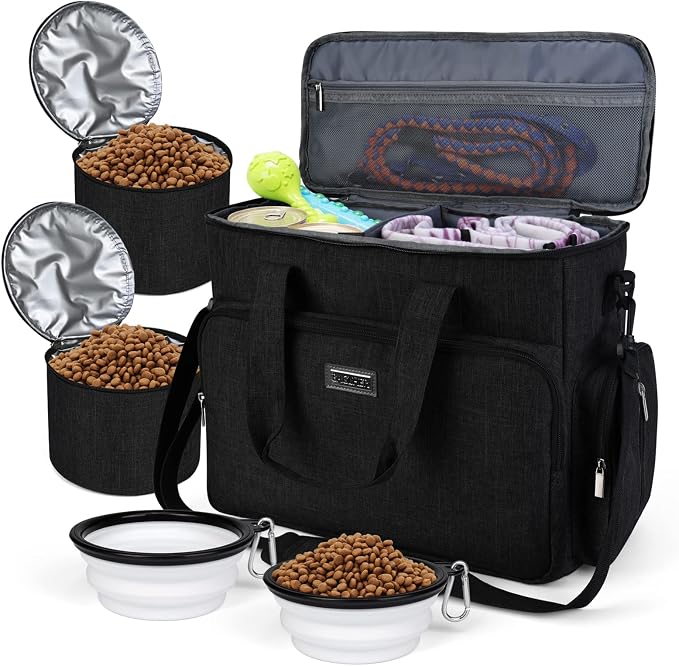 BAGLHER Dog Travel Bag, Airline Approved Pet Tote Organizer with Multi-Function Pockets, 2 X Food Storage Containers and 2 X Collapsible Bowls, Perfect Weekend Pet Travel Set for Dog, Cat Black