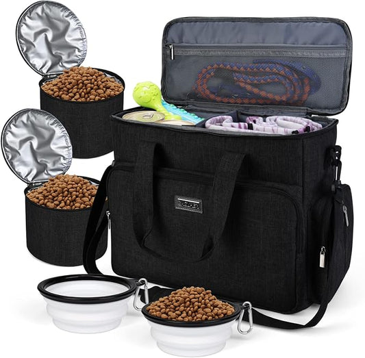 BAGLHER Dog Travel Bag, Airline Approved Pet Tote Organizer with Multi-Function Pockets, 2 X Food Storage Containers and 2 X Collapsible Bowls, Perfect Weekend Pet Travel Set for Dog, Cat Black