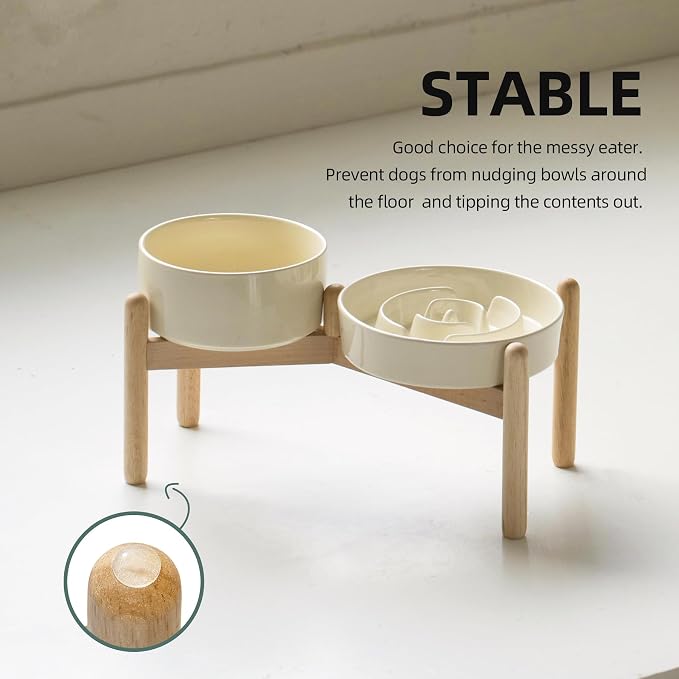 Havniva 7.3” Raised Slow Feeder Dog Bowls Set, 1.2 Cups Ceramic Slow Feeder Dog Bowl and 6.1” Dog Water Bowl with Elevated Wooden Stand Puzzle Dog Food Bowl for Small Dogs Anti-Gulping & Anti-Choking
