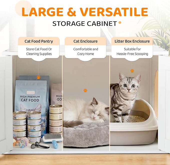 VINGLI Cat Tree Tower with Litter Box, 54" H All-in-1 Wooden Cats Condo, Cat Tower wih Scratching Posts, Houses for Indoor Kittens Hidden Cat Washroom Furniture (White Cabinet)
