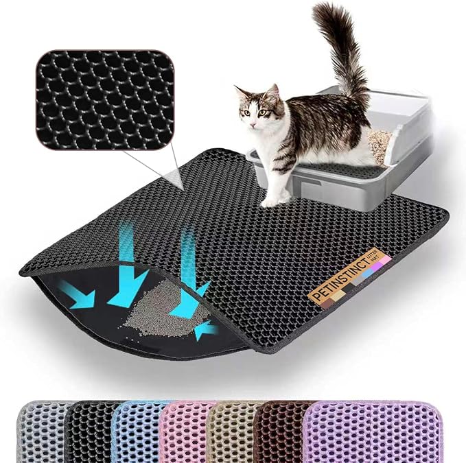 Cat Litter Mat, Double Layer Honeycomb Litter Box Mat | 24x18”, Efficient Litter Trapping, Easy to Clean, Waterproof, Non-Slip, Soft on Paws, Scratch Resistant, Black, Large