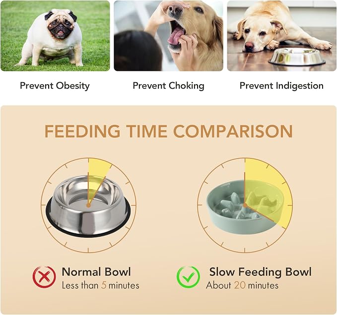 Havniva 7.3” Raised Slow Feeder Dog Bowls Set, 1.2 Cups Ceramic Slow Feeder Dog Bowl and 6.1” Dog Water Bowl with Elevated Wooden Stand Puzzle Dog Food Bowl for Small Dogs Anti-Gulping & Anti-Choking