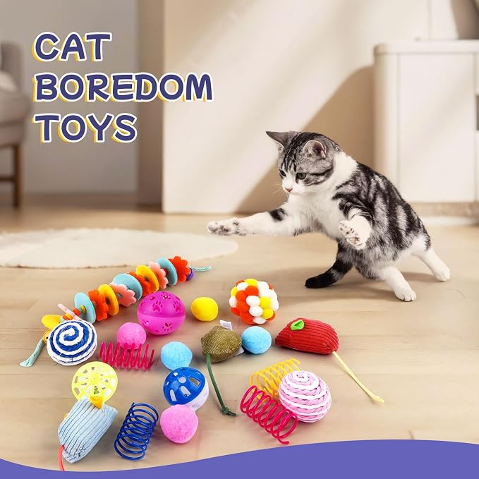 Geila Interactive Cat Toys Bundle – 31 Piece Kitten Cat Toy Set with Door Hanging Teaser, Bell, Fuzzy Balls, Springs, Teething Stick & Catnip Mouse – Fun Indoor Play for Cats & Kittens (Blue)