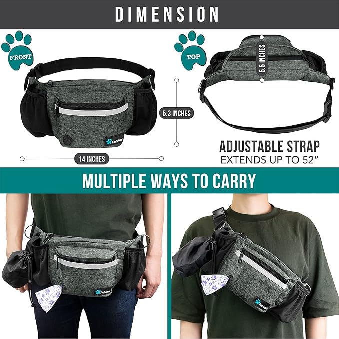 PetAmi Dog Fanny Pack, Treat Pouch for Dog Walking Training, Dark Gray | Built in Poop Bag Dispenser, Water Bottle Holder, Collapsible Bowl, Pet Treat Waist Belt for Hiking Running Kibbles
