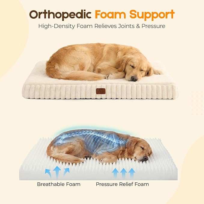 Orthopedic Dog Bed for Large Dog, Waterproof Pet Bed,Non-Slip Bottom and Egg-Crate Foam with Removable Washable Cover Crate Bed,Cream,36"x27"x3"