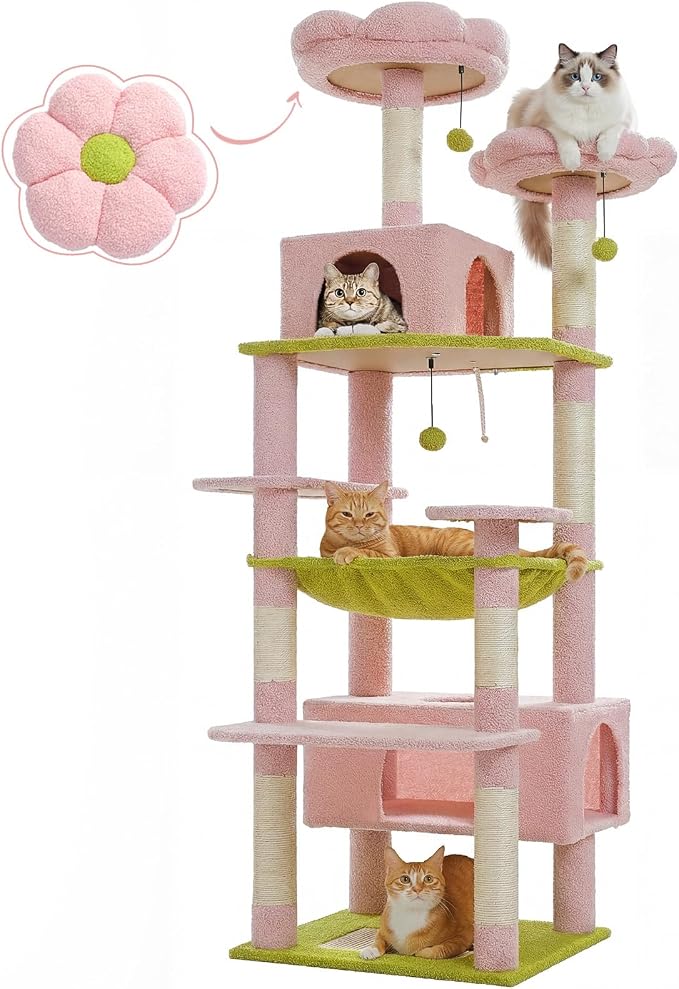 PAWZ Road Flower Cat Tree 72" Cat Tower with Condos&Hammock for Large Cats | cute cat tree in pink&green, 20"×16" hammock for adult cats, 7 scratch posts + pad, dual condos&perches for multi-cats