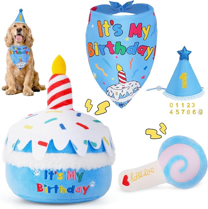KIPRITII Dog Birthday Party Supplies – Dog Birthday Cake Toys, Birthday Bandana & Hat for Small Dogs, Interactive Puppy Plush Toys to Relieve Boredom