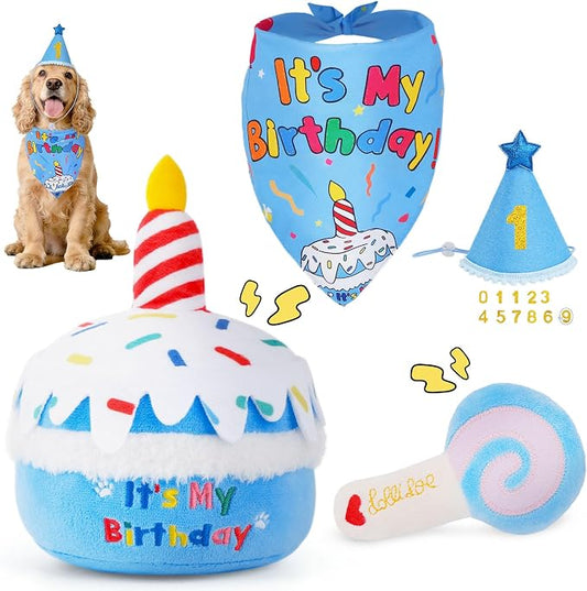 KIPRITII Dog Birthday Party Supplies – Dog Birthday Cake Toys, Birthday Bandana & Hat for Small Dogs, Interactive Puppy Plush Toys to Relieve Boredom