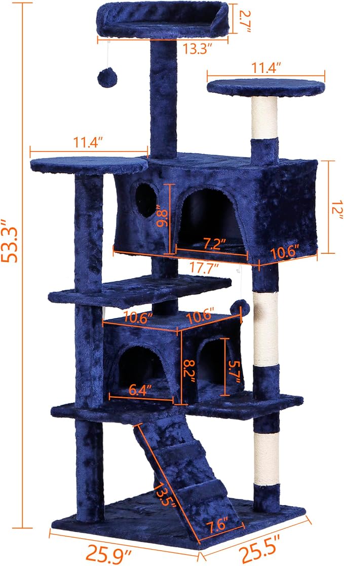 ZENY 53 inches Cat Tree with Sisal-Covered Scratching Posts and 2 Plush Rooms Cat Furniture for Kittens (Navy Blue)