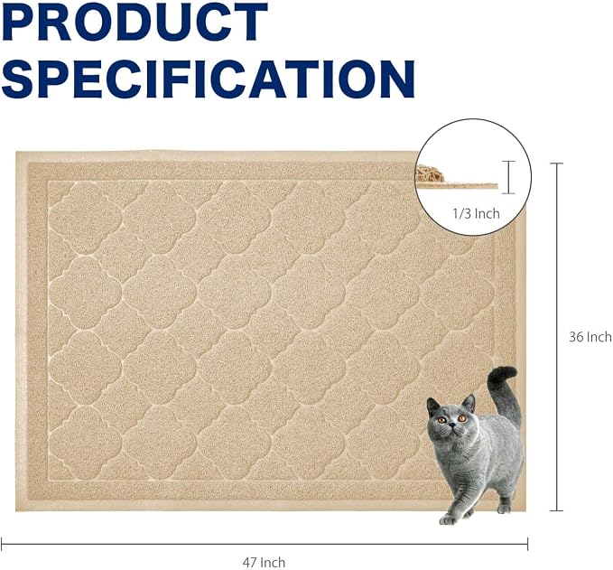 Cat Litter Box Mat, Kitty Premium PVC Pad, Durable Trapping Rug, Phthalate Free, Urine-Resistant, Scatter Control, XXL 47 x 36 Inch, Beige
