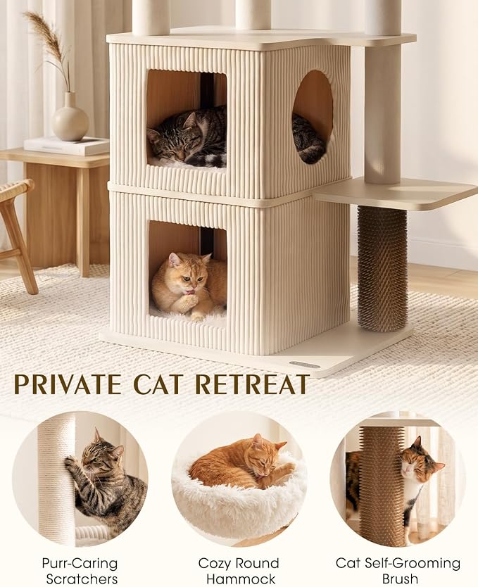 63" Heavy Duty Cat Tree, Modern Cat Tower with Double Large Condos | Modern Cat Furniture, Sturdy Cat Tree Tower, Indoor Scratching Post, Plush Top Perch, Double Cozy Cat Condo