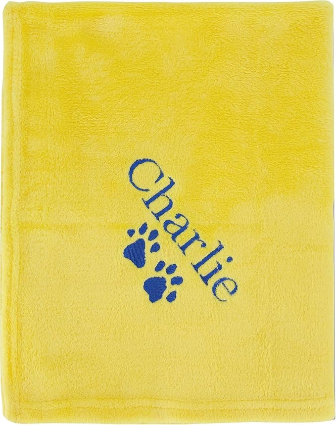 Personalized Passion Dog Blanket with Embroidered Name & Paws - Soft and Cozy for Bed, Couch, Car - Water Resistant Pet Fleece Blanket for Dogs and Cats - Yellow - 28x40 Inches
