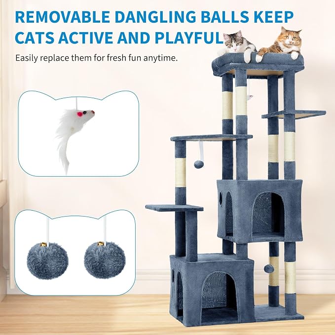 61" Large Cat Tree Tower for Indoor Cats, Heavy-Duty Multi-Level Cat Condo for Maine Coon & Big Cats with Extra-Large Perch, 2 Spacious Houses, Sisal Scratching Posts & Hanging Toys - Light Blue
