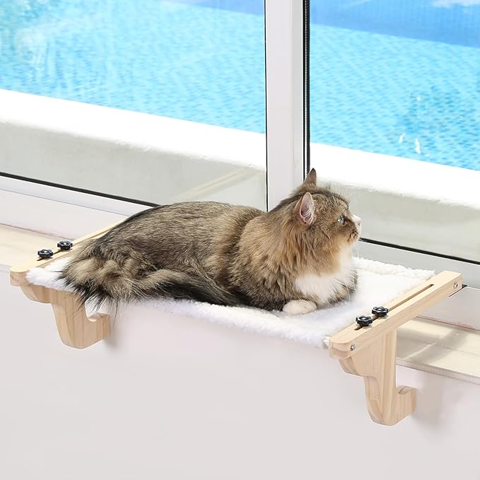 Zakkart Easy Seat Cat Perch for Windowsill (Natural Wood/White, M) | Hook-On Windowsill Mount, Clean Hammock Design, Premium Wood & Robust Metal Frame, Machine Washable Bed, 23"W x 14"D