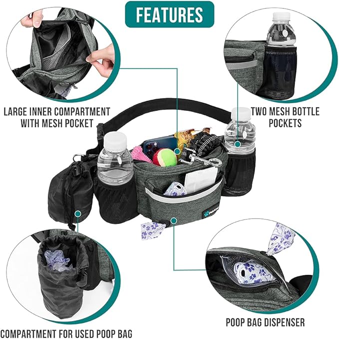 PetAmi Dog Fanny Pack, Treat Pouch for Dog Walking Training, Dark Gray | Built in Poop Bag Dispenser, Water Bottle Holder, Collapsible Bowl, Pet Treat Waist Belt for Hiking Running Kibbles