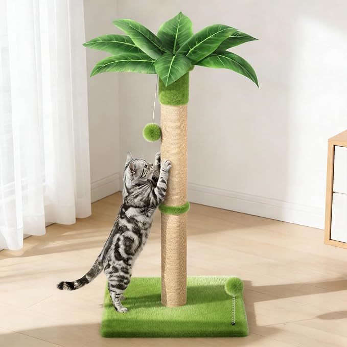 XiaZ Cat Scratching Post 34'' Tall, Durable Cat Scratch Tree Tower for Indoor Kitty with Extra Wide 15.8" Stable Base & 2 Toy Balls, Natural Sisal & Plush Fabric for Small, Medium Cats (Green, 2.8in)