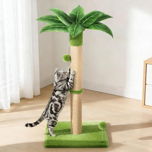 XiaZ Cat Scratching Post 34'' Tall, Durable Cat Scratch Tree Tower for Indoor Kitty with Extra Wide 15.8" Stable Base & 2 Toy Balls, Natural Sisal & Plush Fabric for Small, Medium Cats (Green, 2.8in)