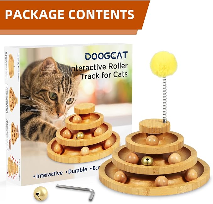 DoogCat Cat Ball Track - 3-Level Cat Ball Tower with 9 Removable Balls for Interactive Play and Mental, Physical Exercise - Large Size