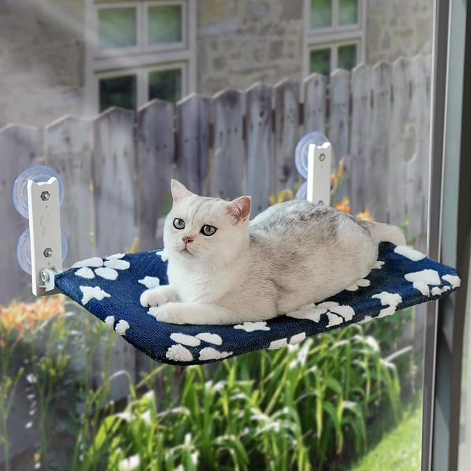 Cute Cat Window Perch, Foldable Cat Window Hammock, Navy Blue | Cordless Window Seat Bed for Indoor Cats, 3D Textured Paw Cover, Strong Suction Cups