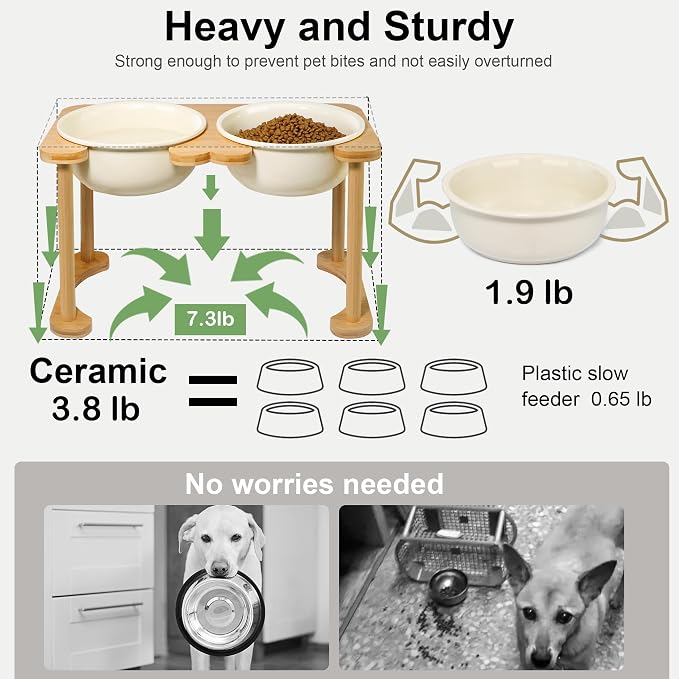 Elevated Dog Bowls for Large Dogs, Ceramic Food and Water Bowl Set, Beige | Raised Pet Feeding Dishes, 8.25" Wide Double Modern Porcelain Bowls, 11" High Wooden Stand, Non-Slip, Easy Clean, 56Oz/1600ML