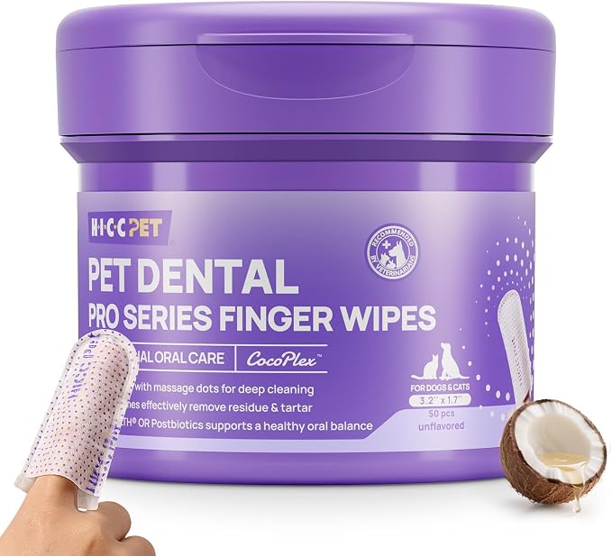 HICC PET Pro Dog Teeth Cleaning Finger Wipes for Dogs & Cats, No-Rinse Daily Oral Care Wipes, Soft Textured Finger Wipes for Teeth & Gum Cleaning, Dog Toothbrush Alternative, 50 Count, Unscented