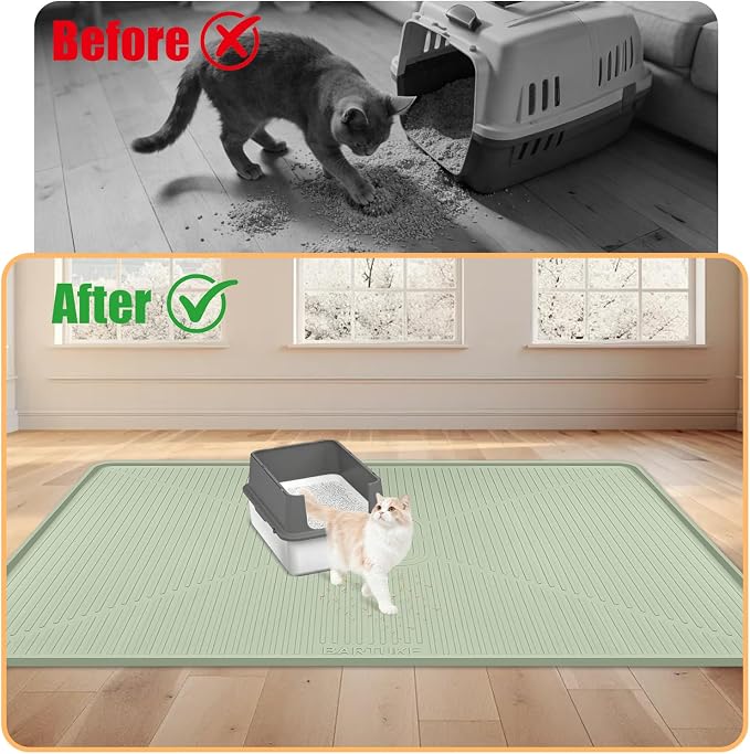 Silicone Cat Litter Mat 45" x 30" Cat Mat for Litter Box, Green | Extra Large Cat Litter Trapping Mat for Floor, Waterproof, Non-Slip Kitty Litter Box Mat with Raised Edge, Easy to Clean