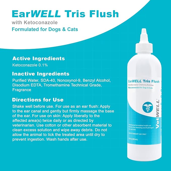 VetWELL EarWELL Tris Flush Dog Ear Cleaner Solution 12oz | Otic Cleanser Drops to Help Eliminate Odor and Relieve Skin Irritations, 12oz