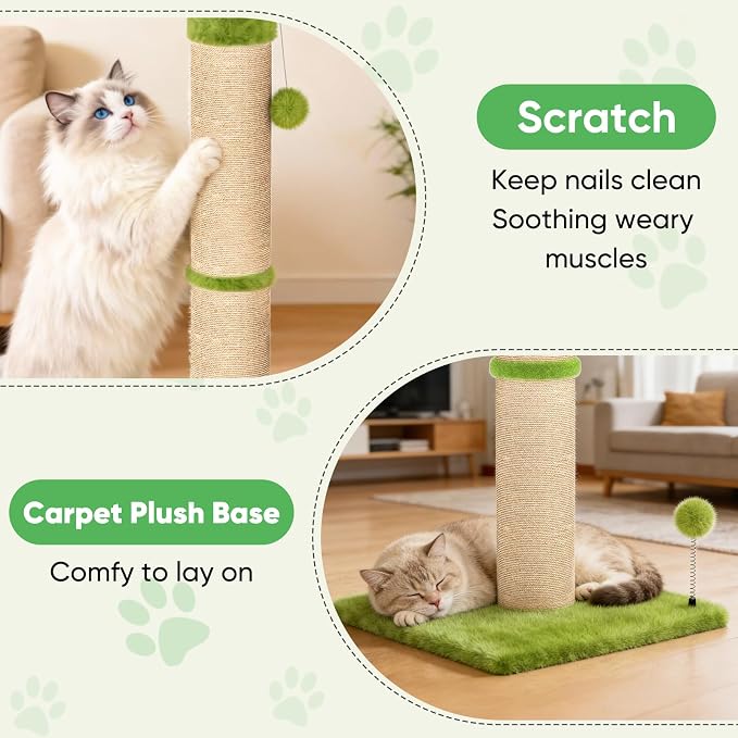 XiaZ Cat Scratching Post 34'' Tall, Durable Cat Scratch Tree Tower for Indoor Kitty with Extra Wide 15.8" Stable Base & 2 Toy Balls, Natural Sisal & Plush Fabric for Small, Medium Cats (Green, 2.8in)
