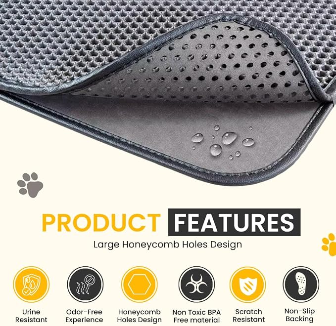 Andalus Brands Medium Cat Litter Mat - Waterproof & Urine-Proof Litter Box Mat, Non-Slip Kitty Litter Mats for Floor, Easy to Clean Litter Trapping Design (24" x 15", Black)