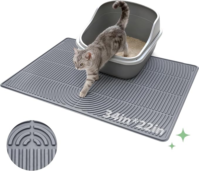 Pawtasy Cat Litter Mat,34" x 22" Large Silicone Pad for Floor Waterproof Litter Trapping Mat for Scatter Control Soft on Kitty Paws Non-Slip Easy to Clean