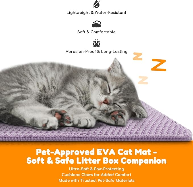 Cat Litter Mat 35"x24",Double Layer EVA Litterbox Mat Purple | Extra Large Honeycomb, Waterproof & non-slip, Odor-free, easy clean, washable durable floor protector,scatter control