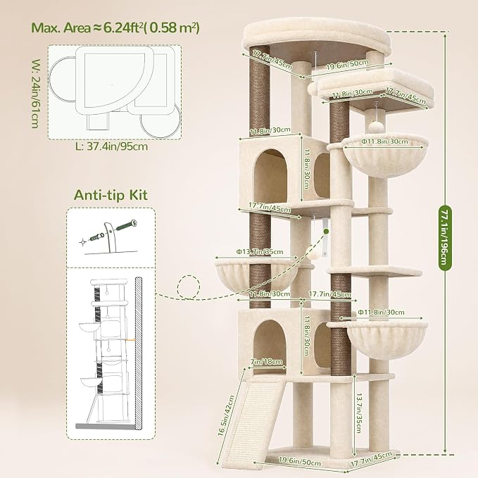 Globlazer 77in Cat Tree Tower for Indoor Cats Large Adult, F77, Beige | Heavy Duty Multi-level Climbing Tower with 6 Scratching Posts & Board, 2 Roomy Condos, 2 Padded Perches, 3 Sturdy Baskets