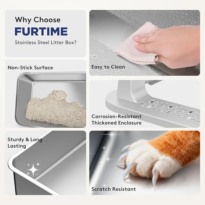 FURTIME 2 Pack Stainless Steel Cat Litter Box with Lid, Metal Kitty Litter Box for Small Cats, Kitten Litter Boxs with Non-Sticky, Anti-Leakage, Easy to Clean, 17"x13"x8.4" (Small)
