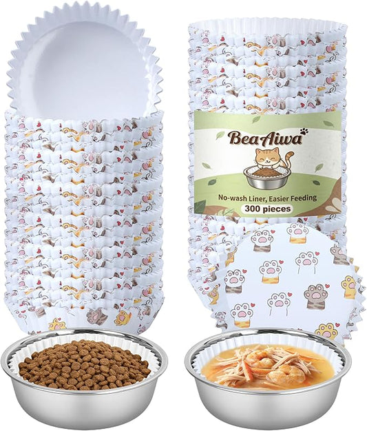 Bulk Disposable Cat Bowls Set (300 Pcs Cat Food Bowl Liners + 2 Pcs Stainless Steel Pet Bowls) Small Paper Bowls for Puppy Kitten Small Dogs and Cats, Ideal for Dry & Wet Food (White, Cat Paw Print)