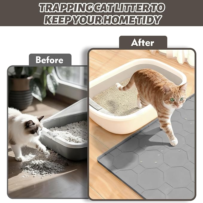 Silicone Cat Litter Mat for Litter Box-28" X 22" Kitty litter pads, Waterproof & Leak-Proof Trapping Design, Non-Slip Durable Easy to clean (Gray)